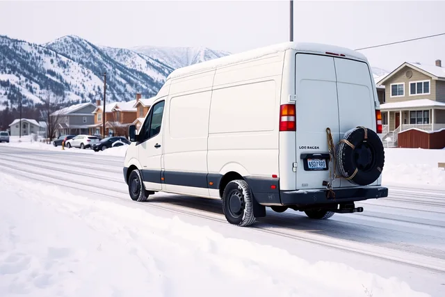 Cargo delivery van with winter tires and chains on a snowy Denver street. How Colorado altitude and snow affect Denver courier routes