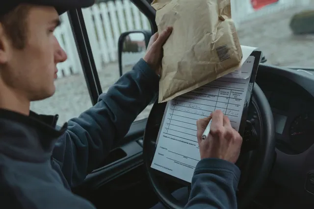 Courier signs delivery documents inside van while holding package, representing logistics and efficient mail service. Courier driver employee vs contractor Canada: how CRA decides
