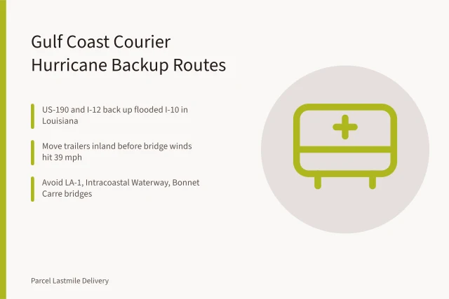 Map of inland hurricane backup delivery corridors along the Gulf Coast. Hurricane season courier backup routes: Gulf Coast storm plans