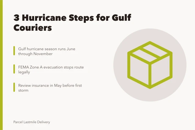 Card: three hurricane season delivery steps for Gulf Coast couriers. 3 hurricane season delivery steps for Gulf Coast couriers