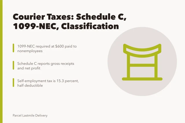 Courier tax forms Schedule C and 1099-NEC for delivery drivers. How IRS Schedule C and 1099-NEC rules shape US courier pay