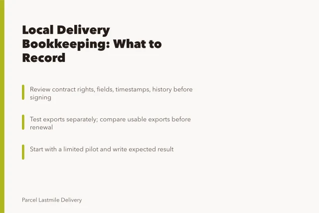 Card summarizing local delivery bookkeeping records, exports, and pilot testing. Keeping the books in a local delivery business: what to record and when