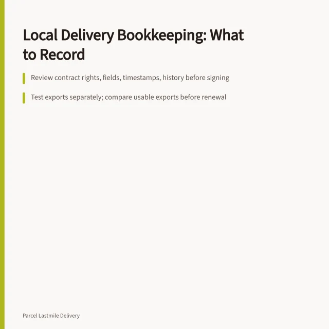 Card summarizing local delivery bookkeeping records, exports, and pilot testing. Keeping the books in a local delivery business: what to record and when