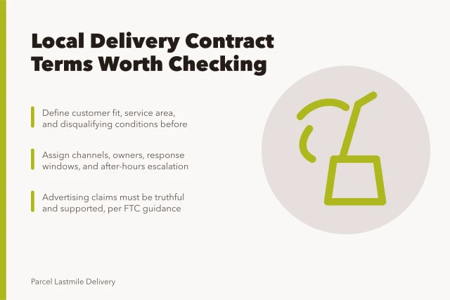 Card summarizing local delivery contract terms, response standards, and advertising claim checks. Local delivery contract terms: the parts worth your attention