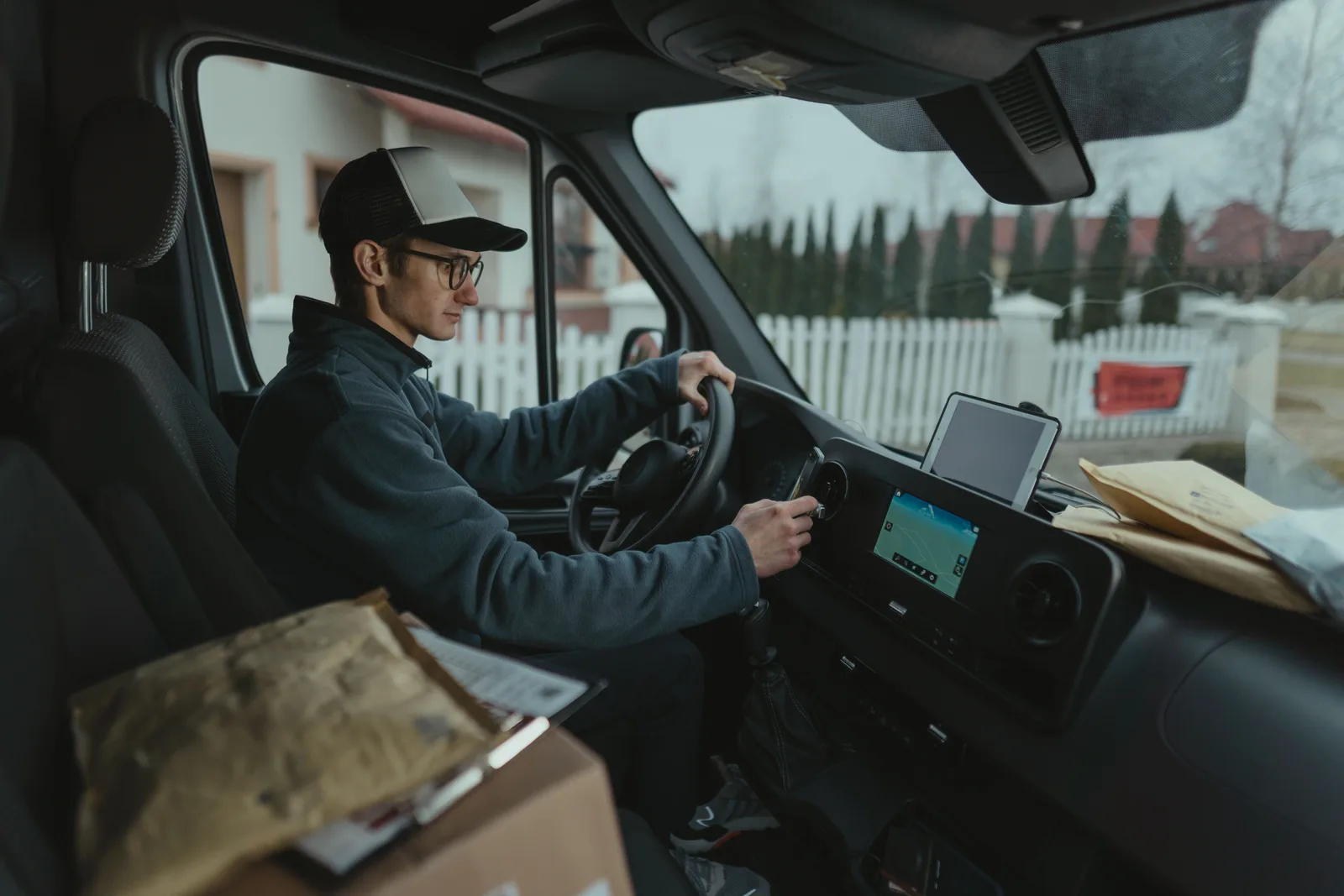 Courier driving van with packages, using GPS for efficient delivery route. Local delivery expansion: name the move, measure four weeks
