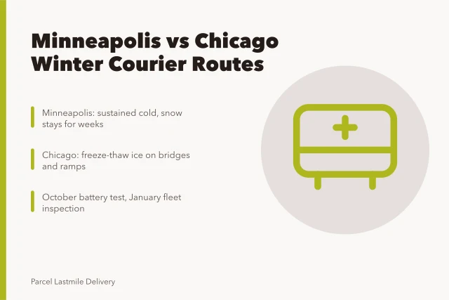 Winter route planning comparison for Minneapolis and Chicago parcel couriers. Minneapolis vs Chicago winter route planning for couriers