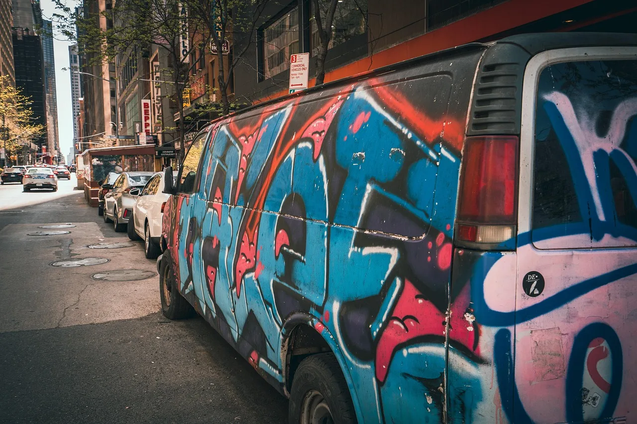 truck, grafitti, art, van, nyc, road, building. Parcel Lastmile Rules in California, Texas and New York